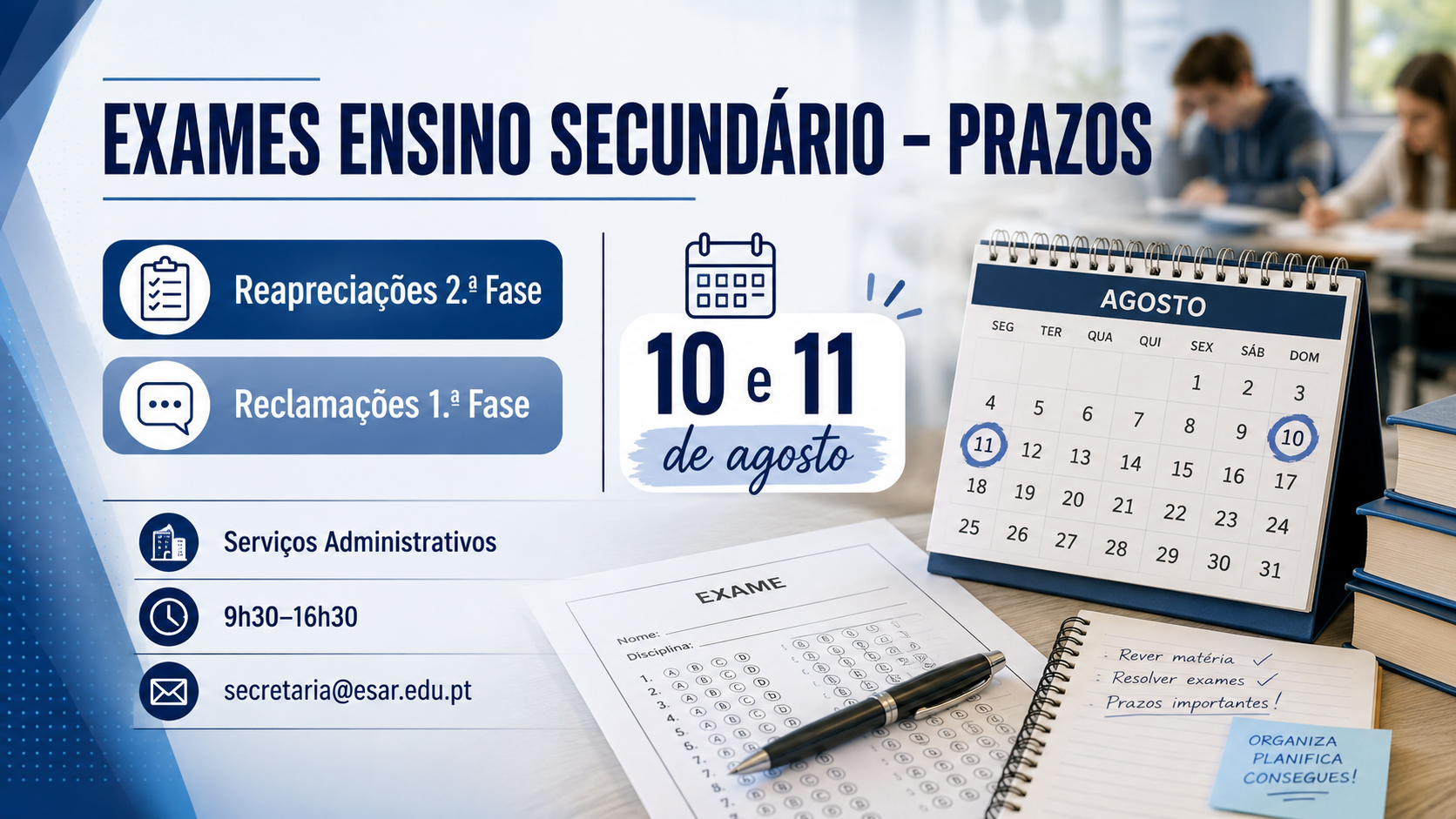 EXAMES DO ENSINO SECUNDÁRIO – PRAZOS IMPORTANTES