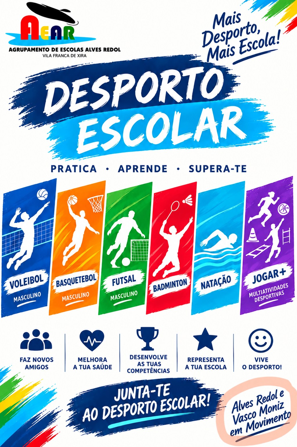 Cartaz oficial do Desporto Escolar do Agrupamento de Escolas Alves Redol, com modalidades e lema Mais Desporto, Mais Escola